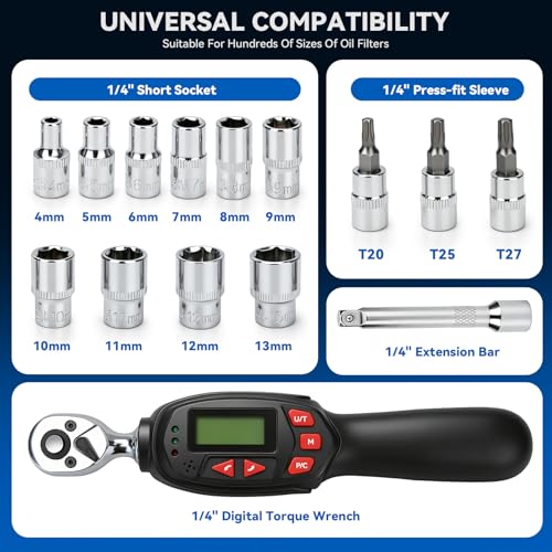DISEN 1/4" Digital Torque Wrench Set 5-25 N.m 13pcs Sockets Extension Bar