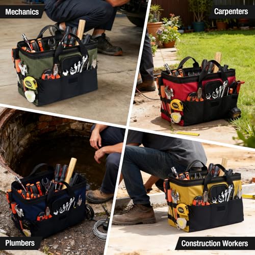 HISEA 3 Pack Heavy Duty Tool Bag, 16-Inch Waterproof Tools Organizer Tote Red, Navy, Green 16 Inch
