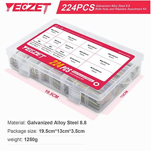 224PCS Grade 8.8 M6 M8 M10 Heavy Duty Bolts and Nuts Assortment Kit Includes 8 Most Common Sizes M6,M8,M10--Bolts and Nuts Kit