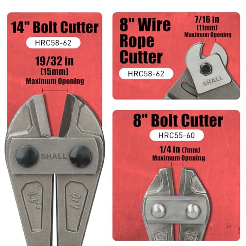 SHALL 3-Piece Bolt Cutters, 14" Heavy Duty Bolt Cutter, 8" Mini Bolt Cutter, 8" Wire Rope Cutter, Ergonomic Handle, More Efficient Leverage for Cutting Locks, Chains, Iron Wire, Carrying Case Included Red