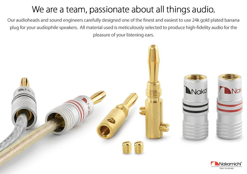 Nakamichi Excel Series 24k Gold Plated Banana Plug 12 AWG - 18 AWG Gauge Size 4mm for Speakers Amplifier Hi-Fi AV Receiver Stereo Home Theatre Audio Wire Cable Screw Connector 10 Pcs (5-Pairs) 10 Pcs (5-Pairs)