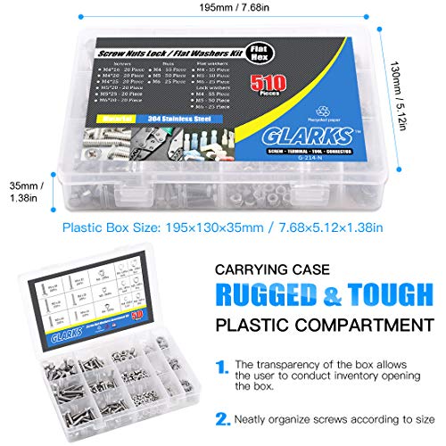 Glarks 510 Pieces Flat Hex Stainless Steel Screws Bolts Nuts Lock and Flat Gasket Washers Assortment Kit