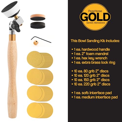 Bowl Sander for Woodturning 69-Piece Set (80/120/150/220 grits) with 800 Grit Keystone Flex Edge 2" Gold Sanding Discs