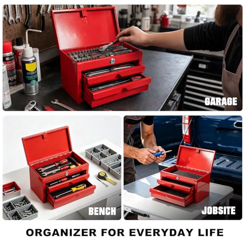 JACK BOSS Mini Tool Box with Two Drawers and Lockable Top Storage,Red Red