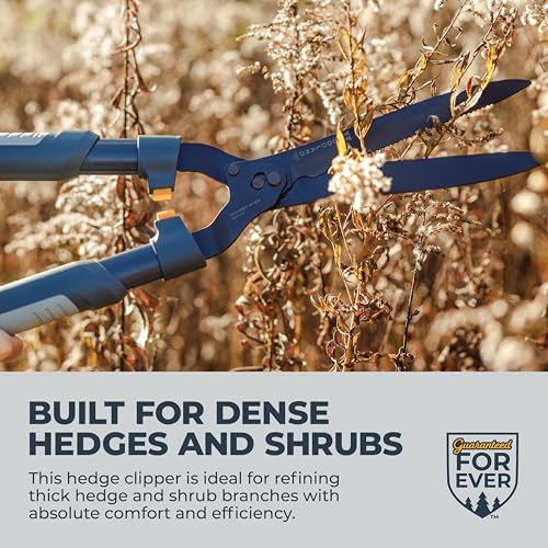 Woodland Tools Heavy Duty Hedge Shears, 23 Inch Manual Hedge Clippers with 10 Inch Lever-Assist Blades and Non Stick Coating, Branch Trimmer for Dense Shrubs and Overgrown Hedges