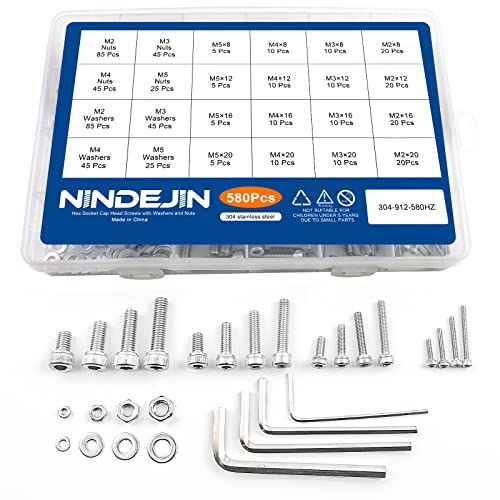 NINDEJIN M2 M3 M4 M5 Machine Screws Assortment Kit, Hex Socket Head Cap Screws Bolts, Nuts, Washers & Wrench (580pcs Stainless Steel+1060pcs Carbon Steel)