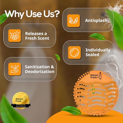 Alwees Fresh Urinal Mats Scented 10 Pieces - Anti-Splash Urinal Screens, Odour Neutraliser & Deodoriser Pads, Long Lasting Urinal Blocks, Fits Most Commercial & Home Urinals - Mango Mango - 10 pieces