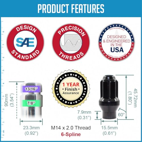 Wheel Accessories Parts 24 Pcs M14x2 Thread ET Bulge Acorn 1.80" Long Spline Lug Nuts Black Truck Spline Hex Fits Ford F-150 Expedition ｜ Lincoln Navigator (for use with Wheels Spacers)
