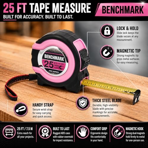 Benchmark - Pink - 3 Pack - 25 ft Tape Measures - Easy to Read Fractions to 1/8th inch - Magnetic Tip - Thumb and Quick Lock - Autowind - Belt Clip