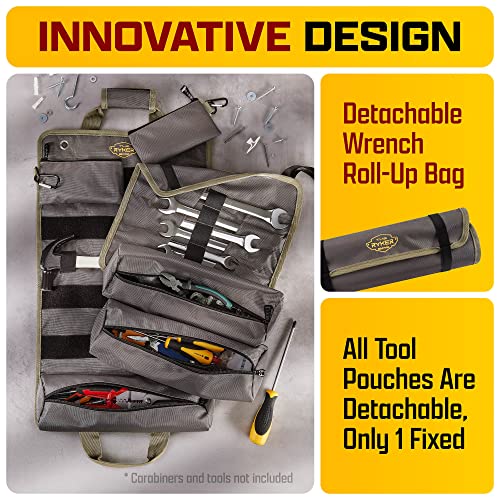 The Ryker Bag PRO Tool Roll Organizer - Motorcycle Tool Bag With 4 Detachable Pouches & Wrench Organizer for Mechanic - Small Car Portable Tool Bag - Gifts for Dad