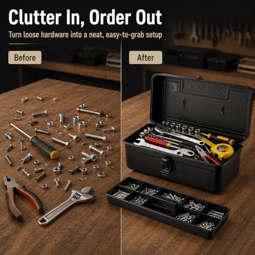 Portable Small Metal Tool Box & Parts Organizer – 14.2" x 6.8" x 6.5" Lockable Storage Case with Removable Plastic Dividers, for Craft Supplies, Garage Hardware, Screws, Home Projects – Black