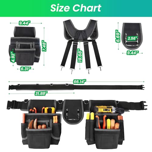 FamilyKit Tool Belt With Suspenders, Magnetic Heavy Duty Tool Belts for Men Black-grey