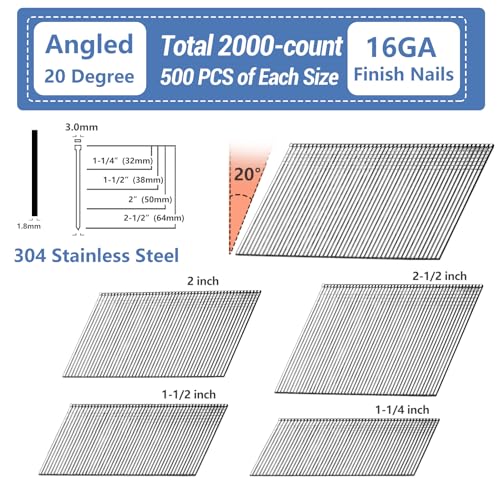 304 Stainless Steel 16 Gauge Angled Finish Nails 20 Degree 2000 Pcs 4 SIZES-2000 pcs