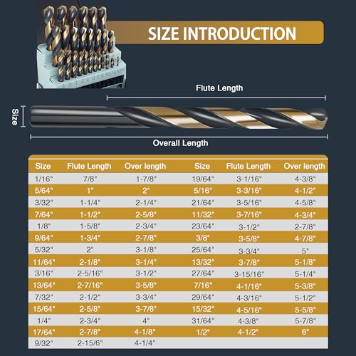 BeHappy 29Pcs Cobalt Drill Bit Set, 135 Degree Tip High Speed Steel with Black and Gold Finish, Stainless Steel, Plastic and Wood with Metal Indexed Storage Case 1/16"-1/2" 4341-29pcs