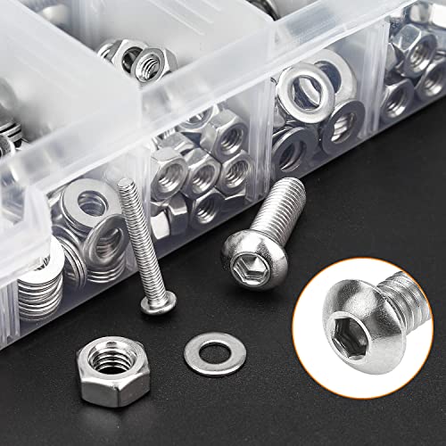 HELIFOUNER 810 Pieces M3 M4 M5 M6 304 Stainless Steel Button Head Socket Cap Metric Screws Bolts, Flat Washers and Nuts Assortment Kit with Hex Wrenches M3 M4 M5 M6 (810 Pieces) Button Head Screws