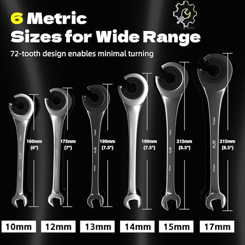KJE 6PCS Metric 10-17mm Ratcheting Flare Nut Wrench, Brake Line Wrench Set, Ratcheting open end Tubing Wrench Set, 72-Tooth, CR-V, for Nuts on Fuel, Brake or Air Conditioning Lines, Gifts for Men 6PCS 10-17mm Ratcheting
