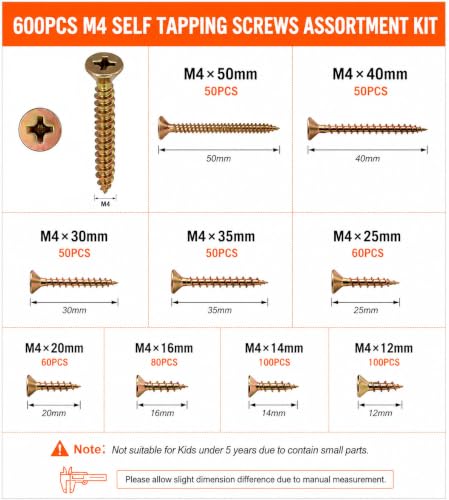 600PCS M4 Wood Screw Assortment Kit, Phillips Flat Head Self Tapping Wood Screws with Storage Box & Screwdriver Bit, 9 Sizes (M4 x 12/14/16/20/25/30/35/40/50mm) for Woodworking, Furniture Repair & DIY YELLOW 600