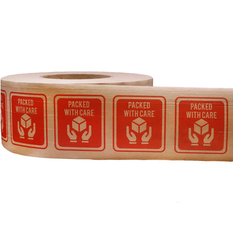 InStockLabels.com Premium Water Activated Tape Fiber Reinforced Packing for Heavy Duty Packaging and Shipping - 3"" x 450', Large Gummed Brown Paper Tape Packed with Care Print