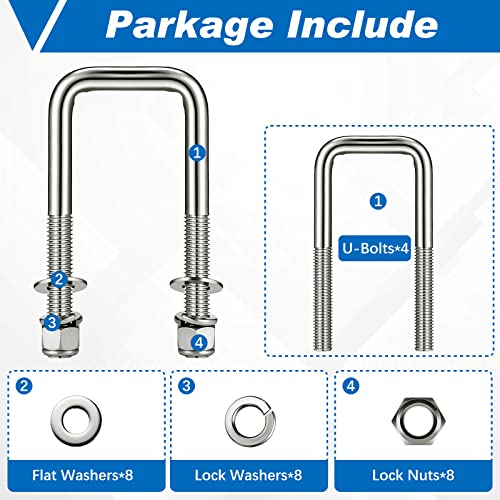 4 Pcs 304 Stainless Steel Square U-Bolt, 1/2 D x 2 1/16 W x 4 3/4 Inch