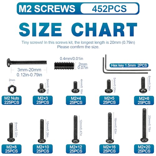 NINDEJIN M2 Button Head Socket Cap Bolts Screws, Metric M2 x 3/4/5/6/8/10/12/16/20mm Screws Bolts Nuts Assortment Kit, 452Pcs Allen Hex Drive, Black Oxide, 10.9 Carbon Steel, Fully Threaded 452Pcs M2 3mm-20mm