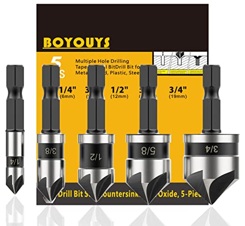 Countersunk Bit Set for Metal, M2 Cobalt Countersunk Bits 5 Pieces, M35 Four Spiral Flute Step Drill Bit Set 1/8"-1/2" （13 Sizes ）,1/4" Hex Shank Drill, Impact Resistant M35HSS Unit Stepper bit, for S