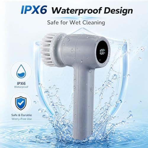Electric Spin Scrubber Cordless, 5 In 1 Waterproof Cordless Electric Cleaning Brush with LED Display, Floor Scrubber With 2 Speeds 5 Brush Heads for Bathroom Tub Wall Kitchen Tile Car(Grey) Grey