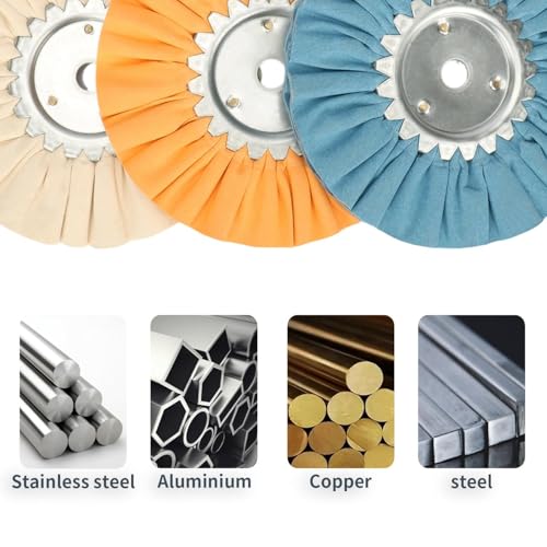 8" Airway Buffing Wheel Kit, 3Pcs Aluminum Wheel Polishing Kit in Diameter 5/8 inch Arbor Hole, 16 Ply Fine, Aluminum Metal Polishing Wheel Kit for Angle Grinder Mirror Finish(White/Orange/Blue) 3pcs: fine/medium/coarse