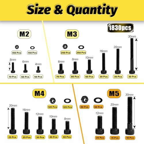 KADRICK 1830PCS M2 M3 M4 M5 Metric Screws Assortment,Hex Socket Head Cap M2-M5 1830Pcs