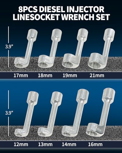 DPTOOL Diesel Injector Line Socket Wrench Set 12pt L-Type Fuel Line Socket 8PC