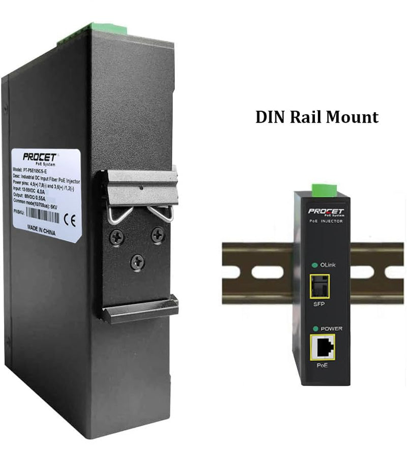 PROCET 30W SFP Fiber PoE Injector DIN Rail SFP/Uplink PoE+ Power Injector Gigabit Industrial, IEEE802.3af/at Compliant for IP Camera, Access Point, POS, Kiosks, PT-PSE105GS-E