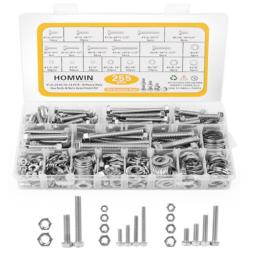 Homwin 512Pcs M6 Bolts Nuts Kit and 255Pcs Stainless Steel Hex Bolt Nut Set Bundle