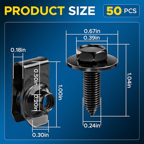 GoaMotors 50PCS 1/4 Body Bolts & U-Nut Clips Kit for Fender Bumper Engine Cover Splash Shield Fastener Retainer Clips, Automotive Universal Screws Black(25 Sets) (Pack of 4) One Size (Pack of 4)