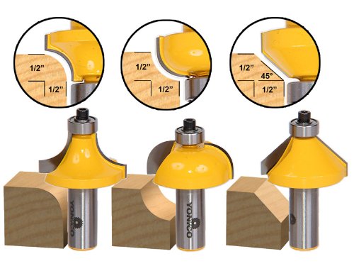 YONICO Edge Forming Router Bits Set 3 Bit 1/2-Inch 1/2-Inch Shank 13312 Round Over, Cove, Chamfer - Large -1/2" Shank