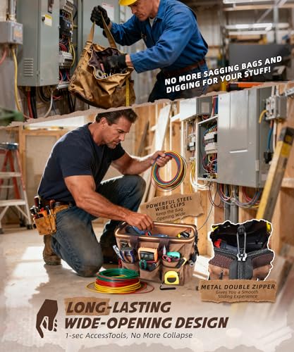 ARCFOX 14 Inch Portable Electrician Tool Bag 21 Pockets - Heavy Duty 16OZ Canvas Tool Bags Organizer with Wide Mouth & Adjustable Shoulder Strap for HVAC, Mechanics, Maintenance, UTV-Effortless Carry Household 14'' Washed Brown