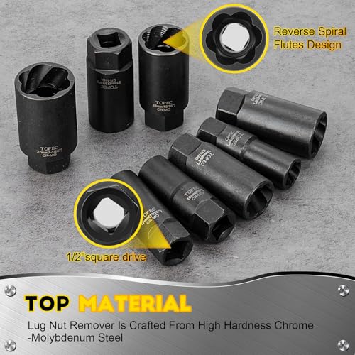 TOPEC 10PCS Deep Lug Nut Remover Heavy Duty, 1/2" Drive Impact Wheel Lock Removal Kit, Spiral Type Lug Nut Removal Tool for Removing Stripped, Broken, Damaged, Rounded Bolts, Nuts & Screws 10 PCS