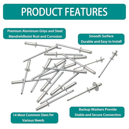 940Pcs 14 sizes Silver Pop Rivets with Washer 3/32" 1/8" 5/32" 3/16" blind rivets for metal Dome Head