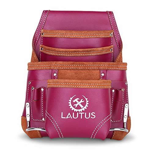 LAUTUS Oil Tanned Leather Tool Pouch Bag |Burgundy |Carpenter, Construction, Framers, Handyman | 10 Pockets, 2 Hammer Holders | 100% Leather