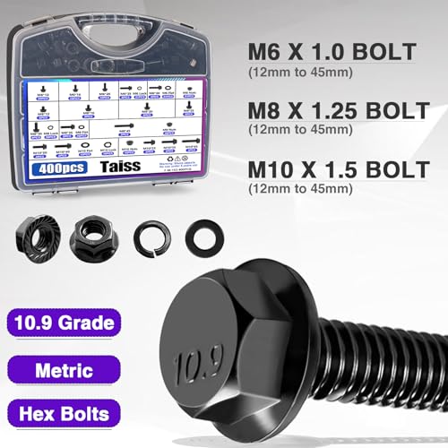 Taiss 400PCS Metric Flange Bolt Assortment kit,M6x1.0 Bolt, M8x1.25 Bolt, M10x1.5 Bolt (12mm to 45mm) 10.9 Black zinc Plating +966pcs Grade 8.8 Metric Bolt Assortment