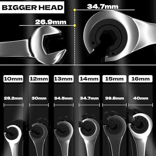 KJE 6PCS Metric 10-17mm Ratcheting Flare Nut Wrench, Brake Line Wrench Set, Ratcheting open end Tubing Wrench Set, 72-Tooth, CR-V, for Nuts on Fuel, Brake or Air Conditioning Lines, Gifts for Men 6PCS 10-17mm Ratcheting