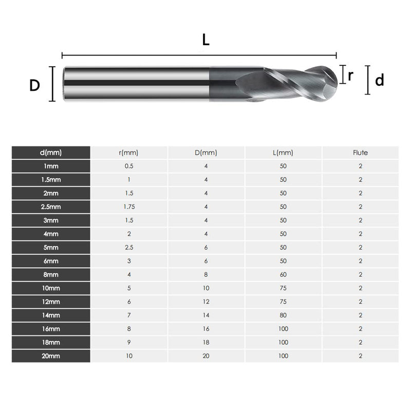 CREEYA 2 pieces carbide ball nose cutter 3 mm, 2 teeth/2 cutting CNC ball cutter, HRC 55, AlTiN black coating, solid carbide radius cutter 3 mm for steel, metal, wood, acrylic, plastic (Ø 3 mm) 3 mm - 2 pieces