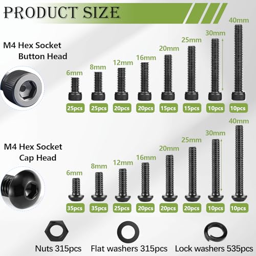 mxuteuk 1260PCS M4 Screws Kit,6mm-40mm Metric Screw Bolts Washers Nuts Kit,Hex Socket Button & Cap Head M4 Screws,12.9 & 10.9 Grade Alloy Steel Bolts with 2 Hex Wrench