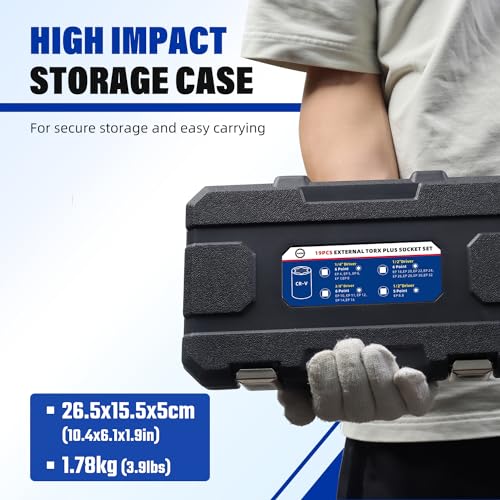 AKM 19PCS External Torx Plus Socket Set,6 Point EP Socket EP4-32 with 1/2’’ 3/8’’ 1/4'' Dr. EP8.8 compatible with Tesla, E-Torx Star Torque Sockets Set, Cr-v steel with High Impact Storage Case