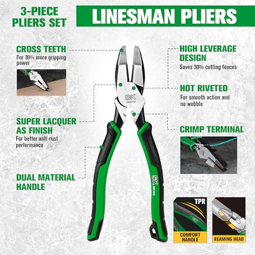 SK Pliers Set, 9.5'' Linesman, 8'' Diagonal & Needle Nose Pliers, 3-Piece 3-Piece Pliers Set