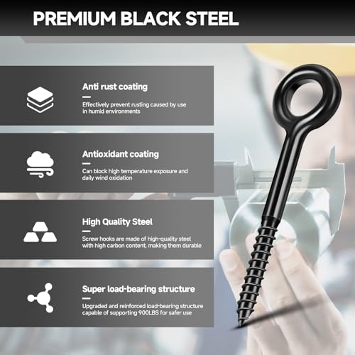 7 inch Eye Bolts - 4 Pcs Eyes Hooks Screw Heavy Duty 900 lbs Breaking Strength Black Rust-Resistant, Self Tapping Eyelet Screw for Wood Securing, Hammock Stand, Indoor & Outdoor Use 7" 4Pcs