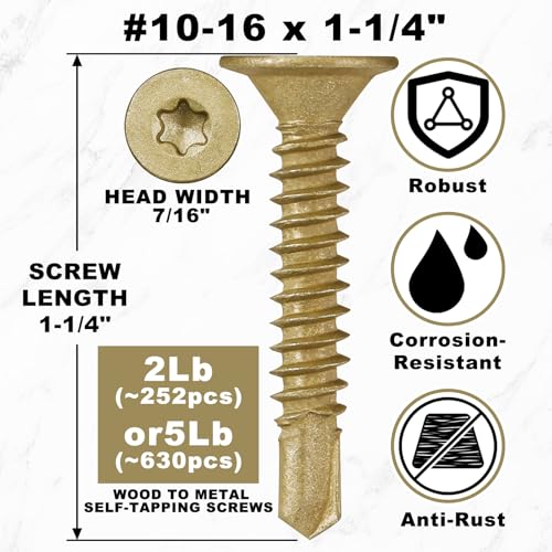 Yaocom #10-16 x 1-1/4" Wood to Metal Self Drilling Screws, 1.76 lb, 252 Pcs #10-16 x 1-1/4"