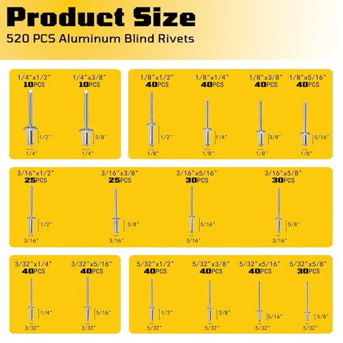 520 Pcs Aluminum Pop Rivets Assortment Kit, 16 Sizes Pop Rivets, Silver pop rivet set including 3/32" 1/8" 5/32" 3/16" 1/4" blind rivets for metal Dome Head rivet kit 520 Pcs/Set ‎Aluminum/Steel Sliver