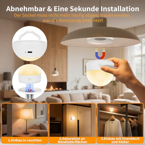 Pack of 2 Rechargeable Light Bulbs with Battery, E27 LED, 3 Colours, Dimmable | Removable battery bulb with remote control and timing for non-wired decoration lamps 2 Stück