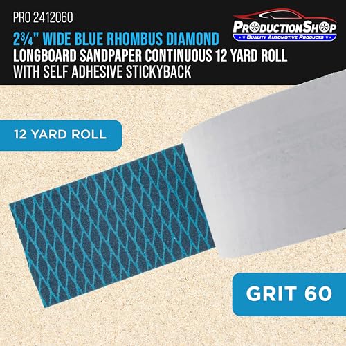 ProductionShop 60 Grit PSA Rhombus Diamond Shape Blue Longboard Sandpaper, 2-3/4" Wide Continuous 12 Yard Roll - Self Adhesive Stickyback for Auto Wood Air File Long Board Sanders, Hand Sanding Block