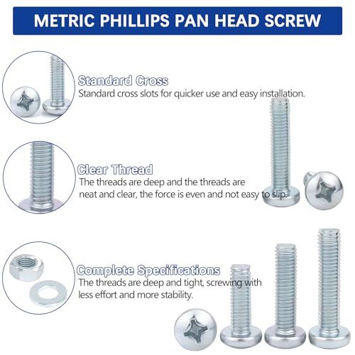 1152PCS Nuts and Bolts Assortment Kit, M3/M4/M5/M6 Phillips Pan Head Machine Screws and Nuts and Flat Washers,16 Sizes Zinc Plat Steel Cross Slotted Round Head Bolts Sets 1152 PCS Metric Screw