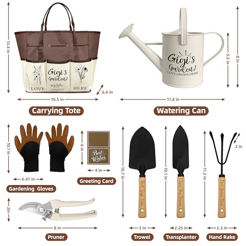 Gigi Gifts, Garden Kit Gifts for Gigi Mothers Day from Grandkids Gardening Tools and Durable Garden Tools Organizer Tote, Ideal Gardening Set for Women on Plant Lover Birthday Present Brown
